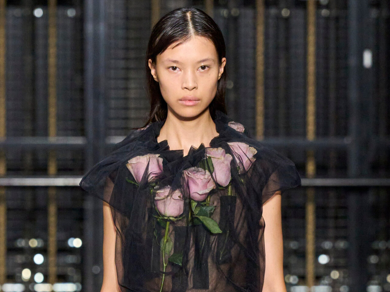 Black dress with roses by Simone Rocha. Black floral dress.