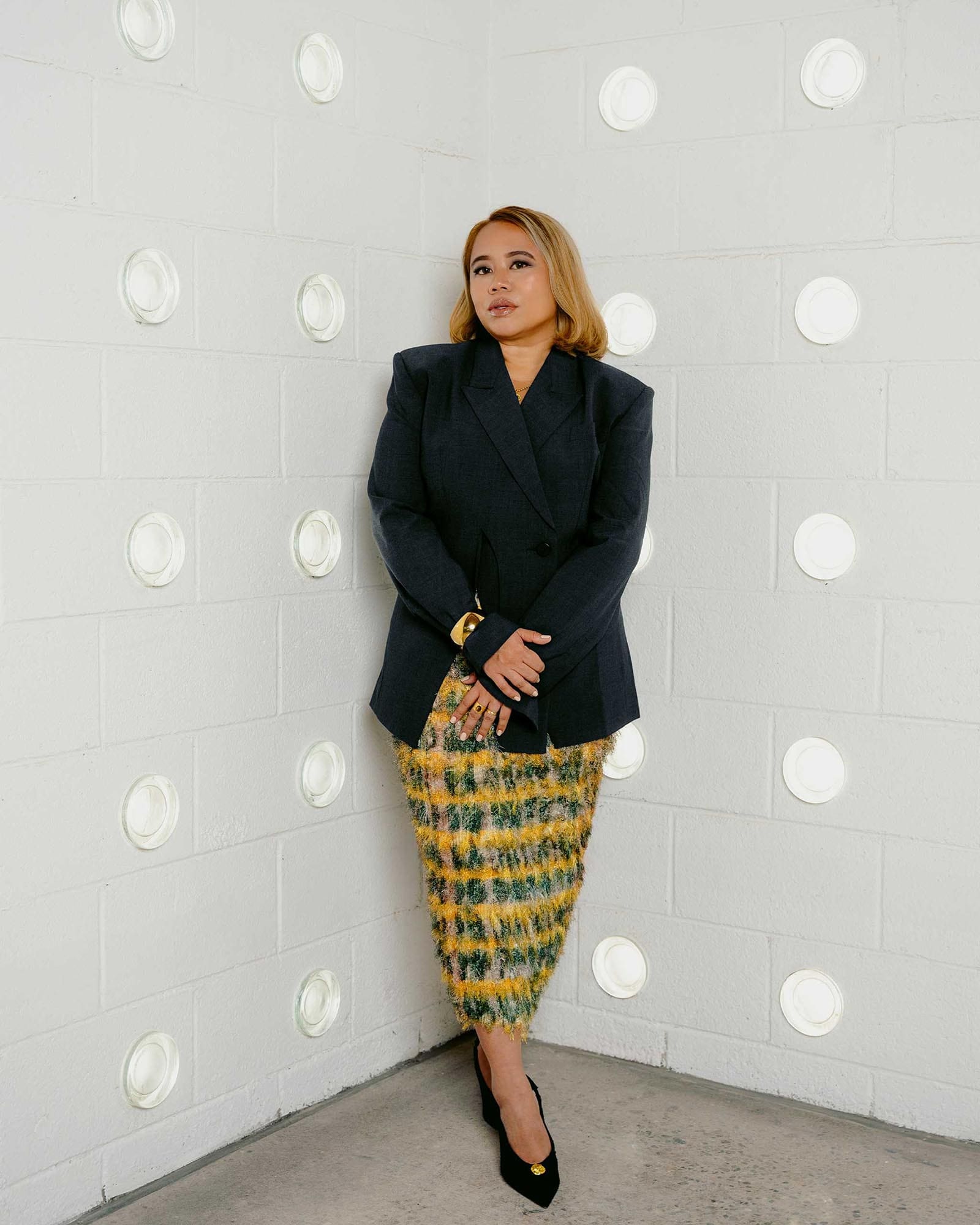 eden sabolboro vogue philippines black suit and yellow fuzzy skirt