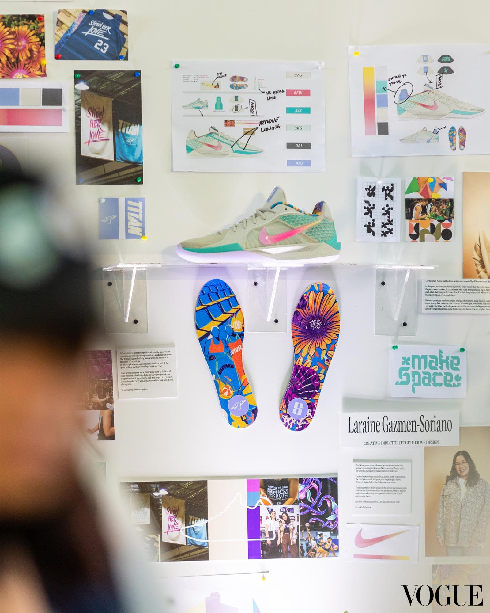 A wall featuring designs and plans for the Sabrina 2 EP x TITAN shoes.
