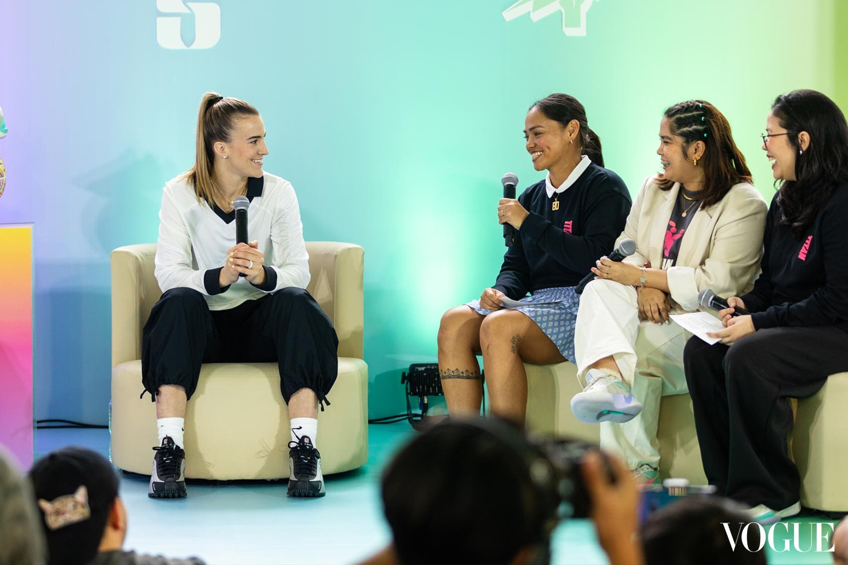 Sabrina Ionescu with the visual artist designers of the Sabrina 2 EP x TITAN, Aila Torre, Lari Gazmen, and Alessah Papa.