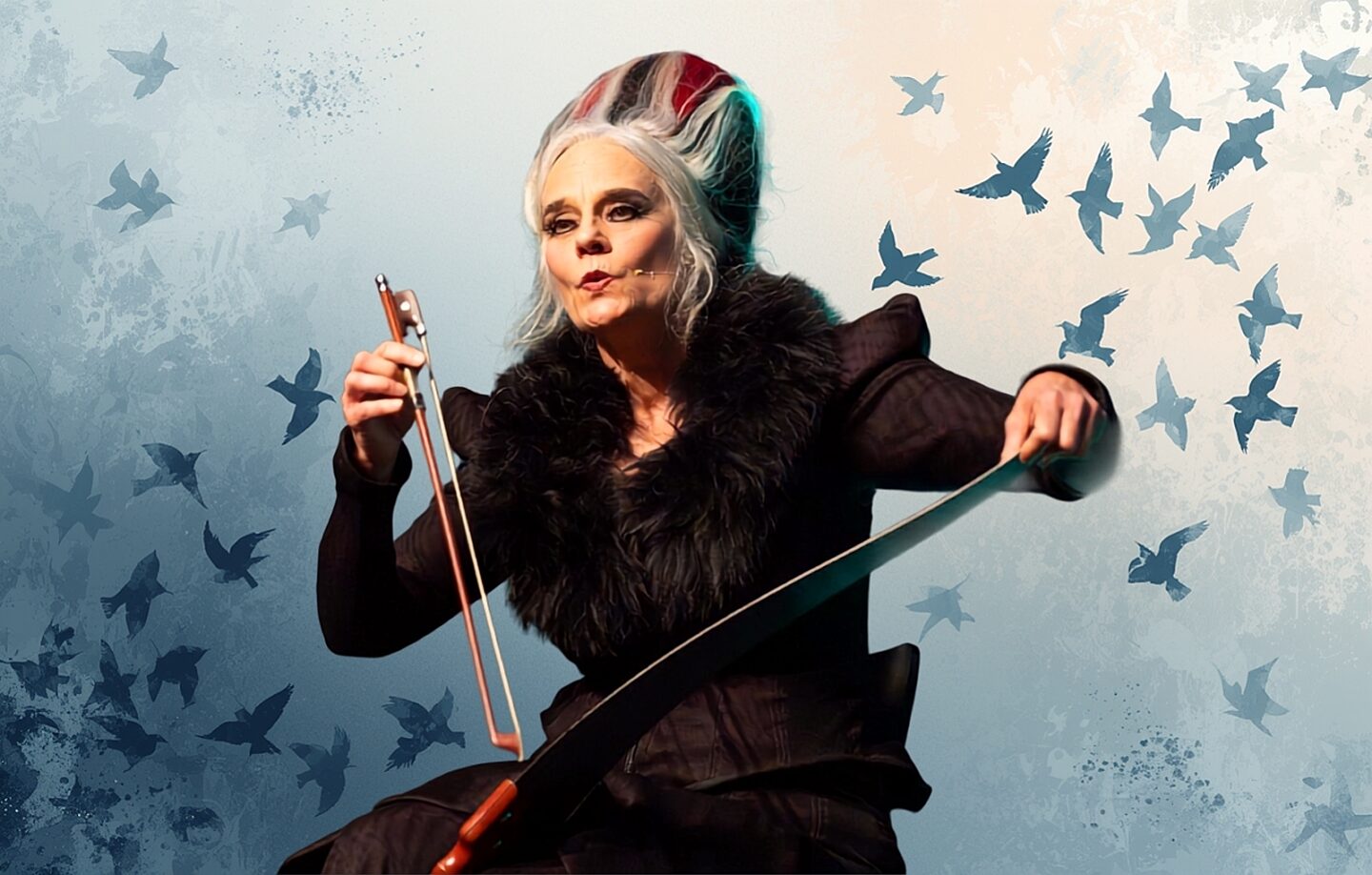 Madame Lark with birds and saw