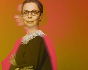 A woman portraying Ruth Bader Ginsburg, wearing black glasses and robes against an orange background.