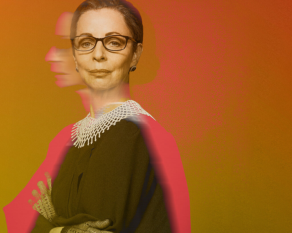 A woman portraying Ruth Bader Ginsburg, wearing black glasses and robes against an orange background.