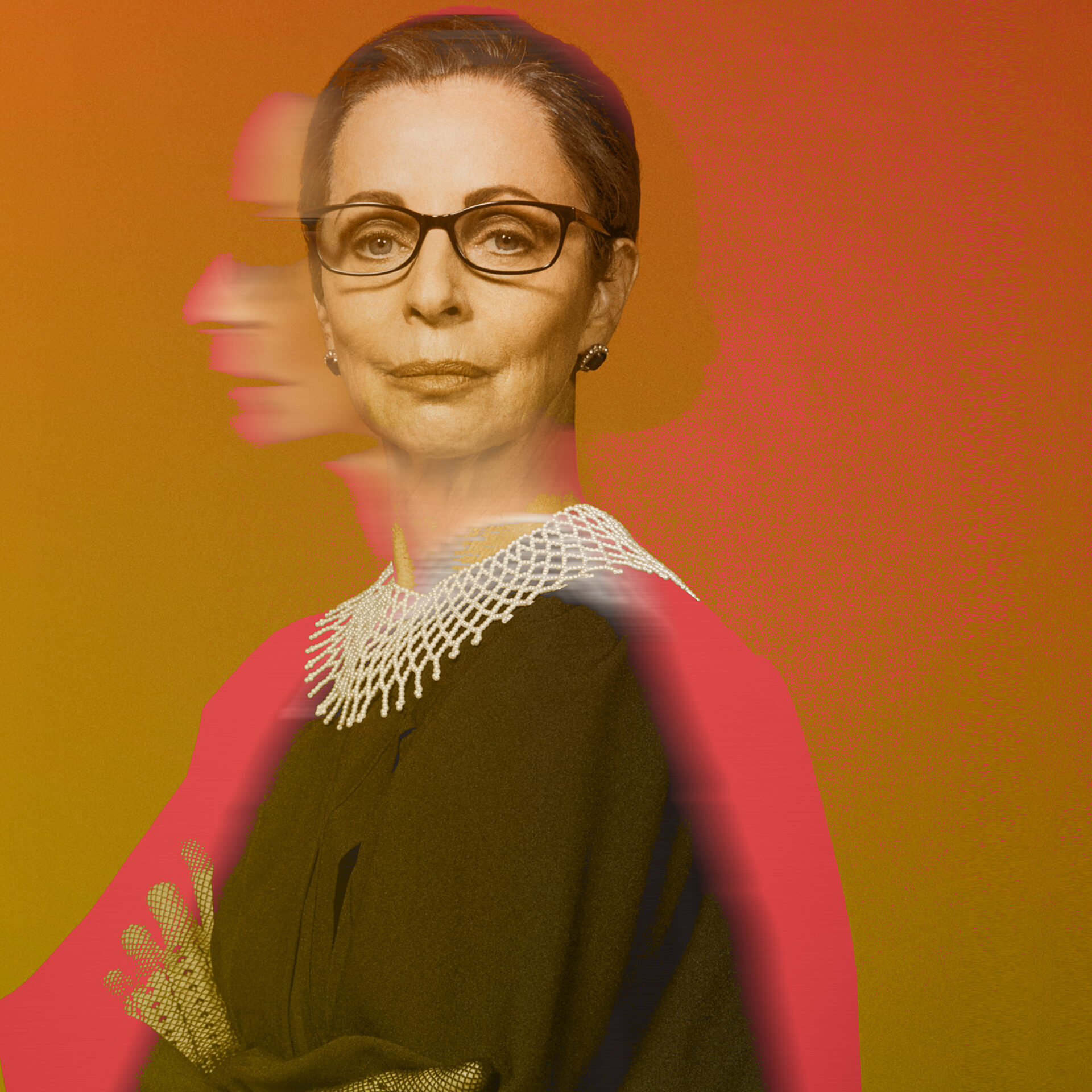 A woman portraying Ruth Bader Ginsburg, wearing black glasses and robes against an orange background.