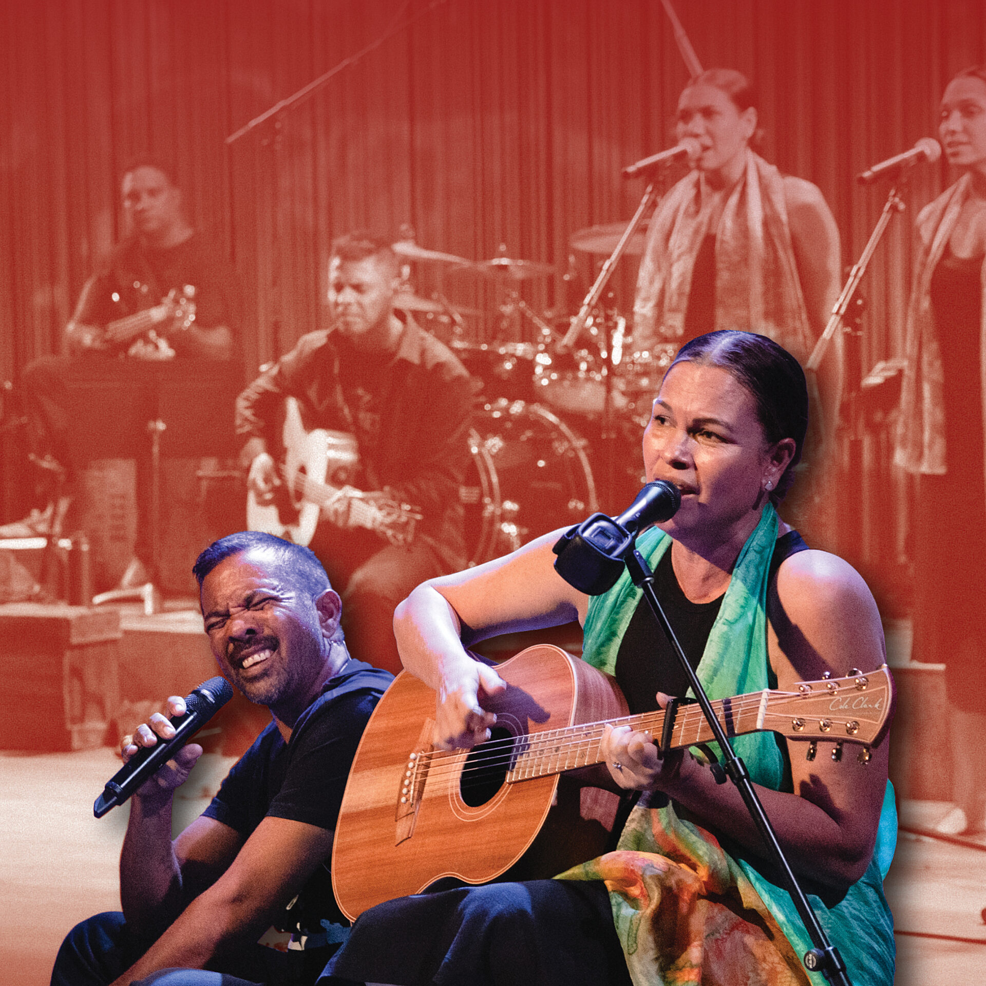 A group of musicians performing on a brightly coloured stage.