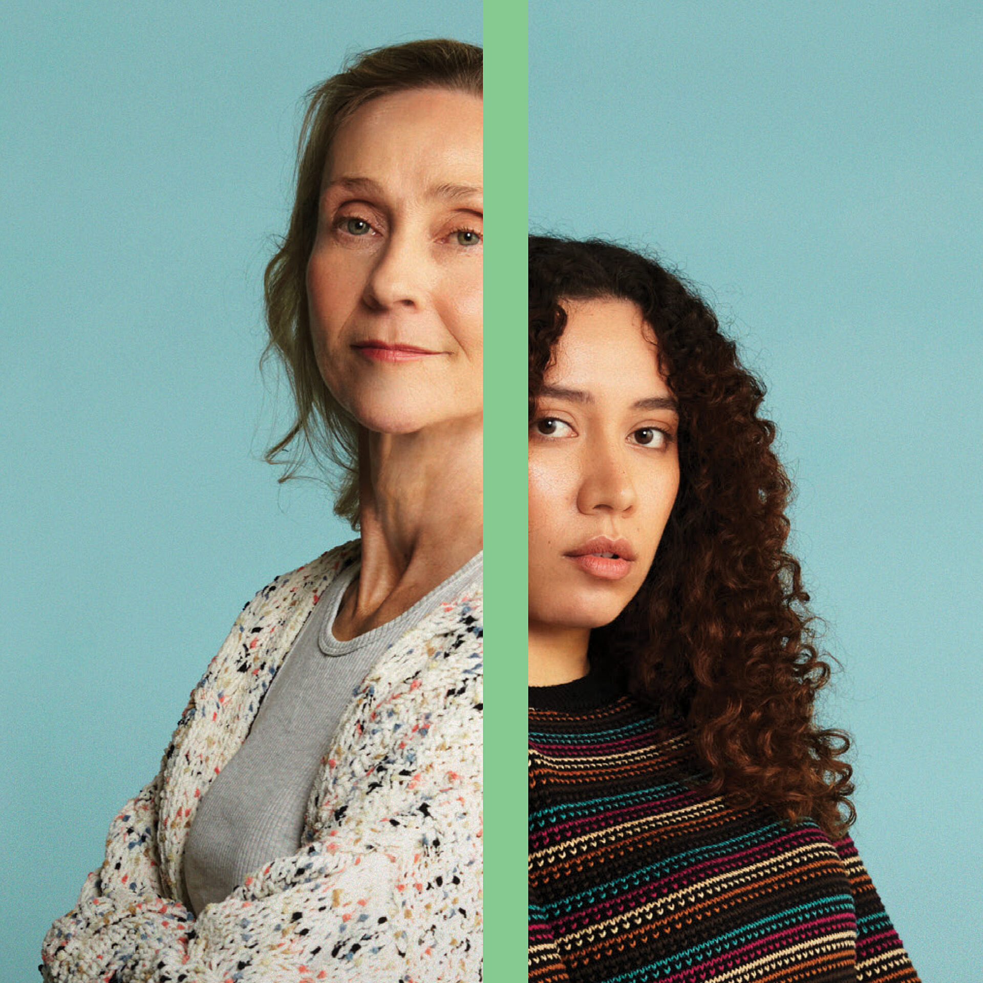 An older woman and a younger woman standing back to back with a divide between them.