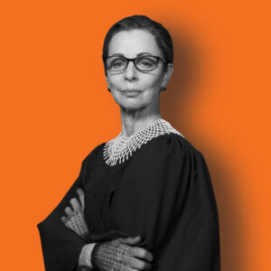 A woman portraying Ruth Bader Ginsburg, wearing black glasses and robes against an orange background.