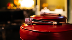 Close up of a microphone on a red stool