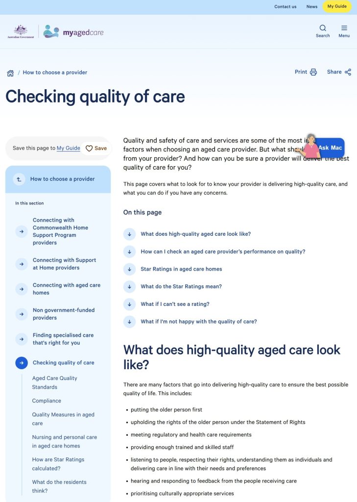 Screenshot of the My Aged Care website