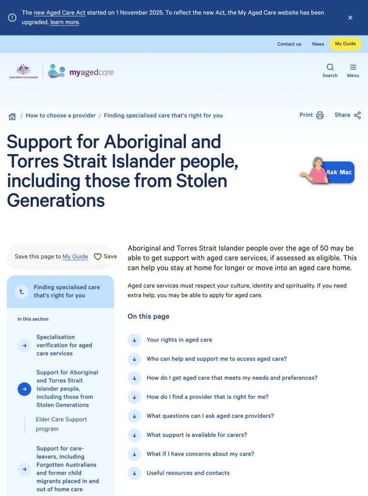 Screenshot of My Aged Care website