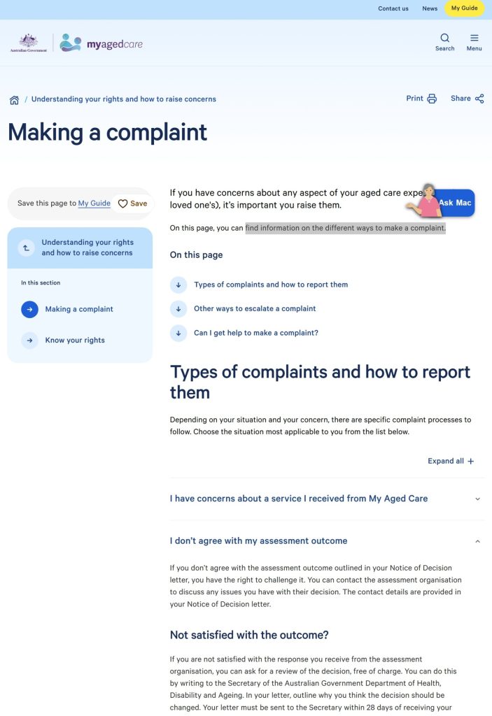 Screenshot of the My Aged Care website