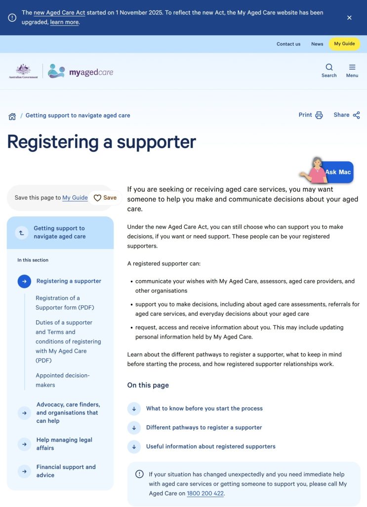 Screenshot of My Aged Care website