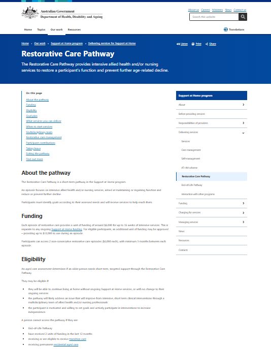 Screenshot of the Department of Health, Disability and Ageing website page on the Support at Home Restorative Care Pathway