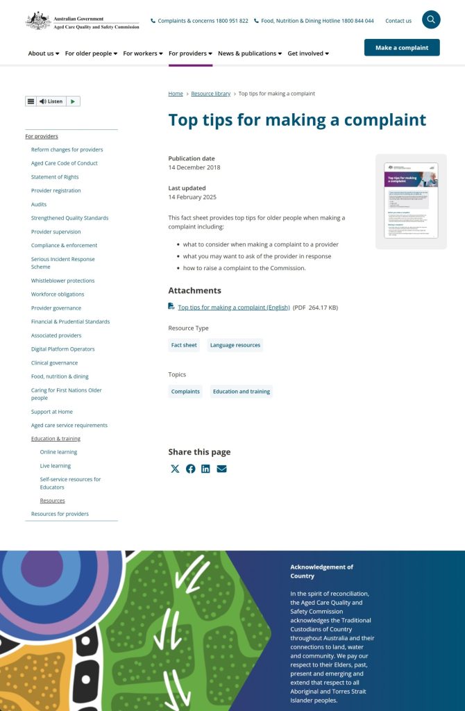 Screenshot of the Aged Care Quality and Safety Commission website