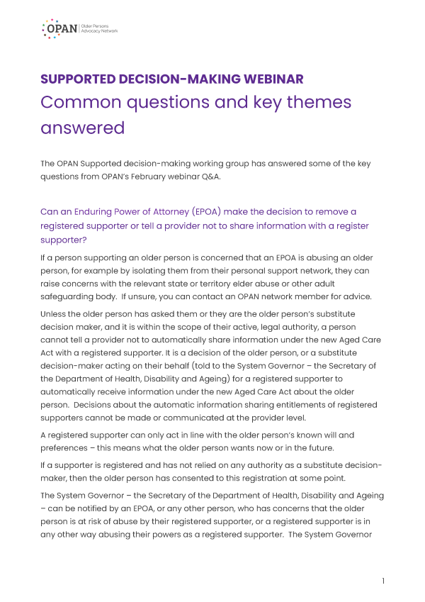 Thumbnail image showing first page of Supported decision-making webinar questions and answers document