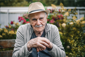 Photo of older man wearing a hat, leaning on a cane, looking at the camera