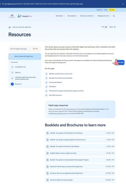 Screenshot of the My Aged Care Resources webpage showing brochures, forms, and guides about aged care services, including downloadable booklets on the Support at Home program, Restorative Care Pathway, and online account guides, following the introduction of the new Aged Care Act on 1 November 2025