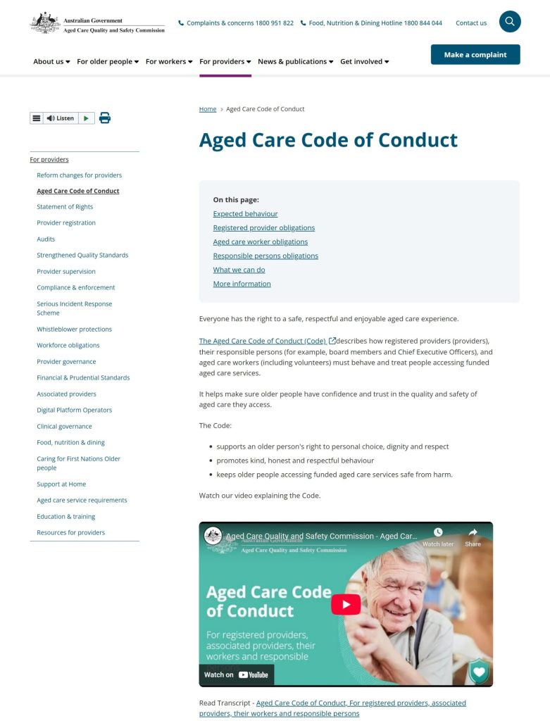 Screenshot of the Aged Care Quality and Safety Commission's website
