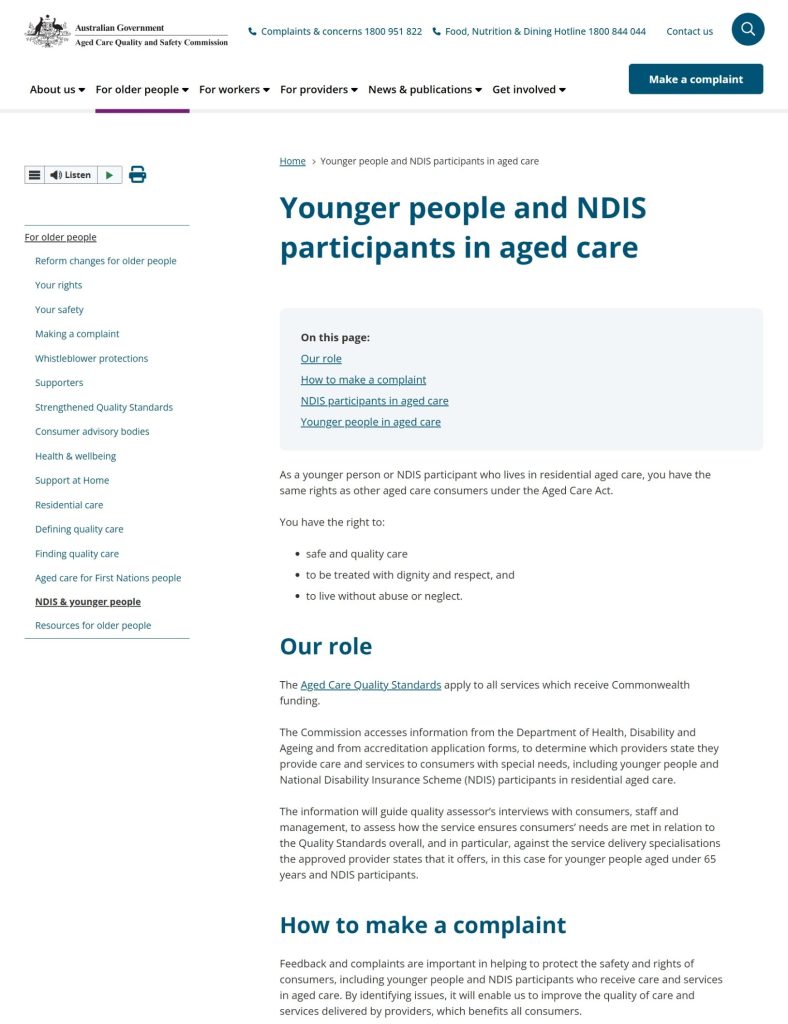 Screenshot of the Aged Care Quality and Safety Commission's website