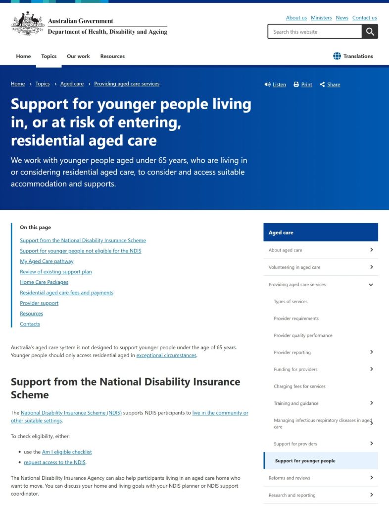 Screenshot of the Department of Health, Disability and Ageing website