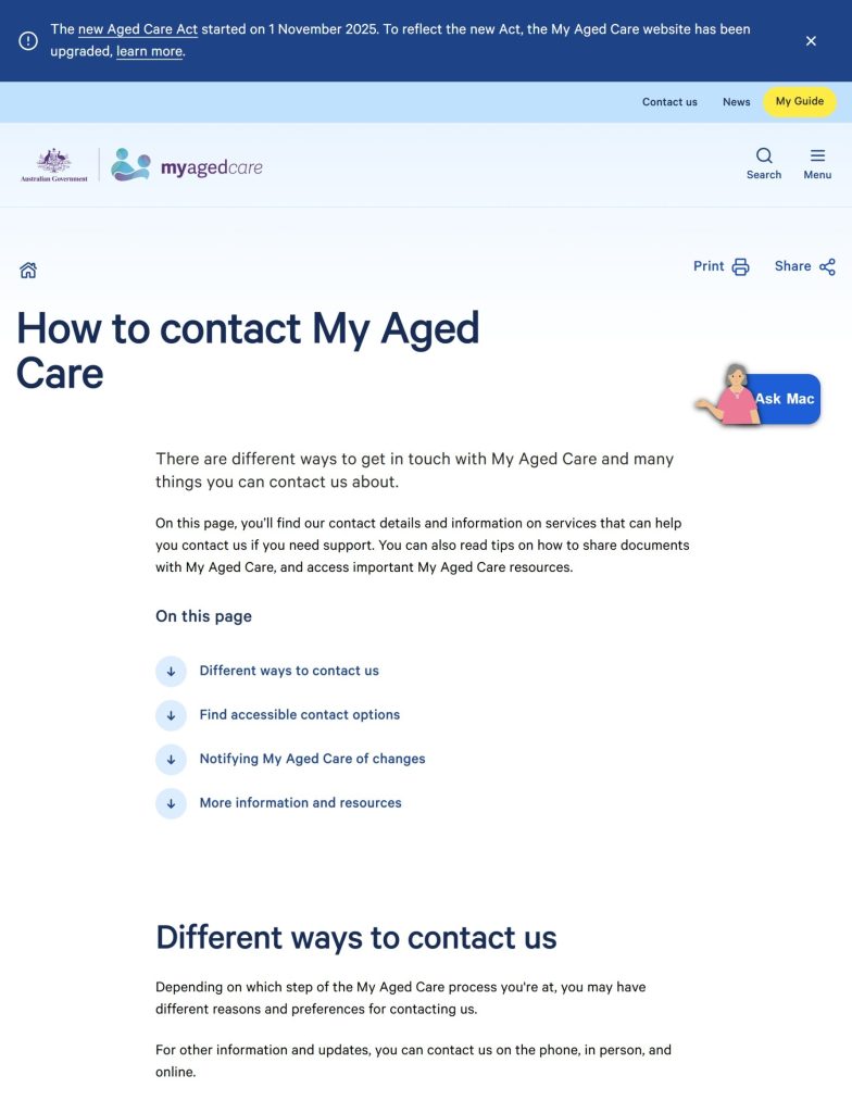 A screenshot of the My Aged Care website