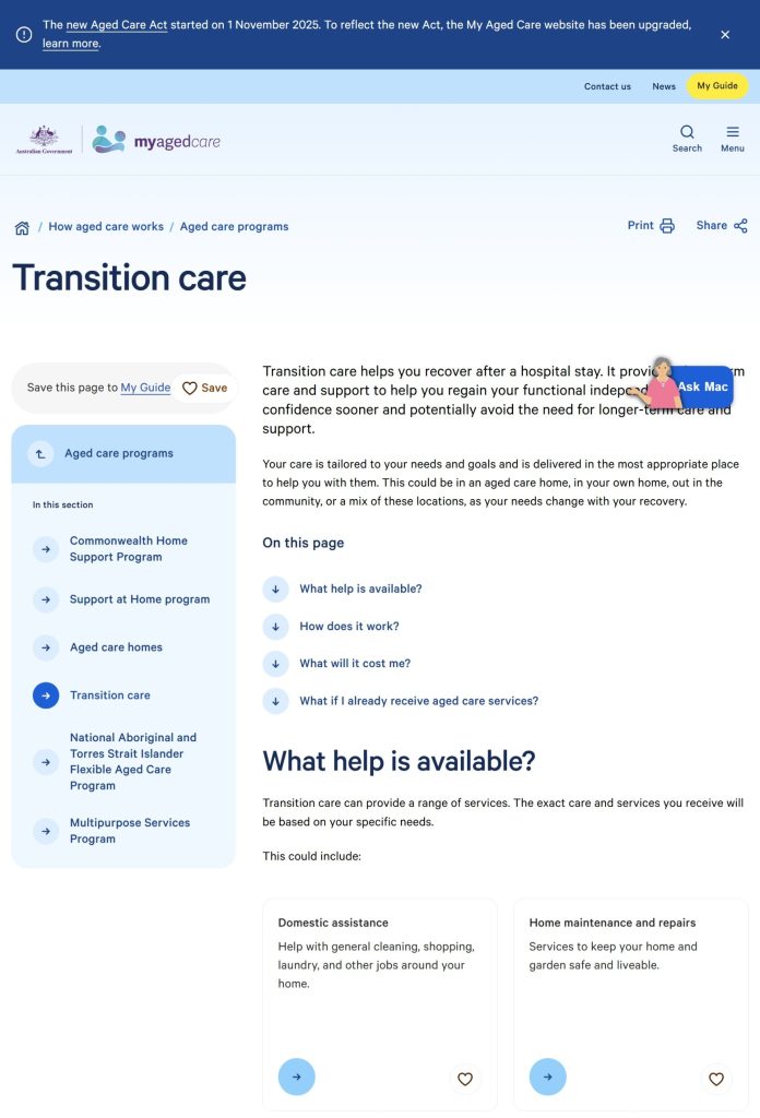 A screenshot of the My Aged Care website