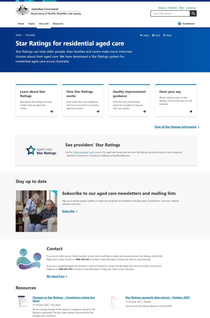 Screenshot of the Australian Government Department of Health, Disability and Ageing webpage titled ‘Star Ratings for residential aged care’. The page explains the Star Ratings system that helps older people and families compare aged care homes, with sections on how Star Ratings work, quality improvement guidance, and how to get involved. It also includes links to provider Star Ratings, newsletters, contact details, and related resources