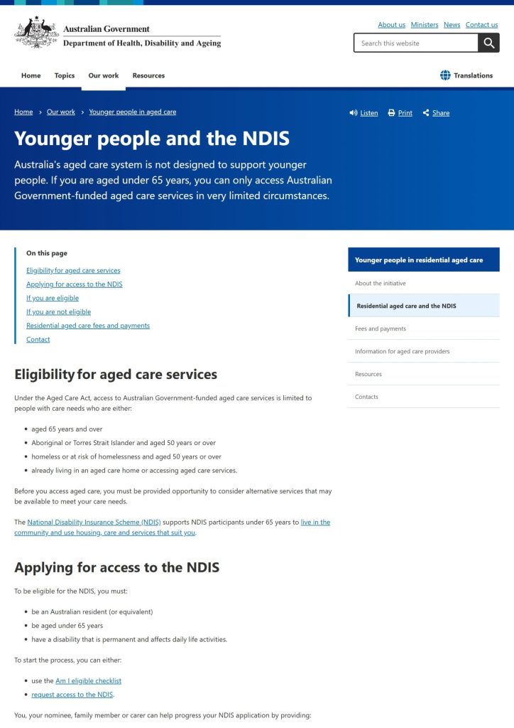 Screenshot of the Department of Health, Disability and Ageing website