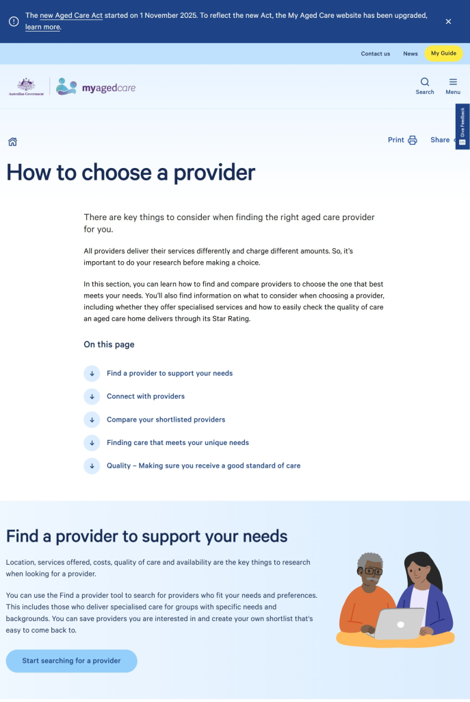 Screenshot of the My Aged Care webpage titled ‘How to choose a provider’, outlining steps for finding and comparing aged care providers. The page explains key considerations such as costs, quality, and specialised services, with links to sections on finding, connecting with, and comparing providers, plus a ‘Start searching for a provider’ button at the bottom