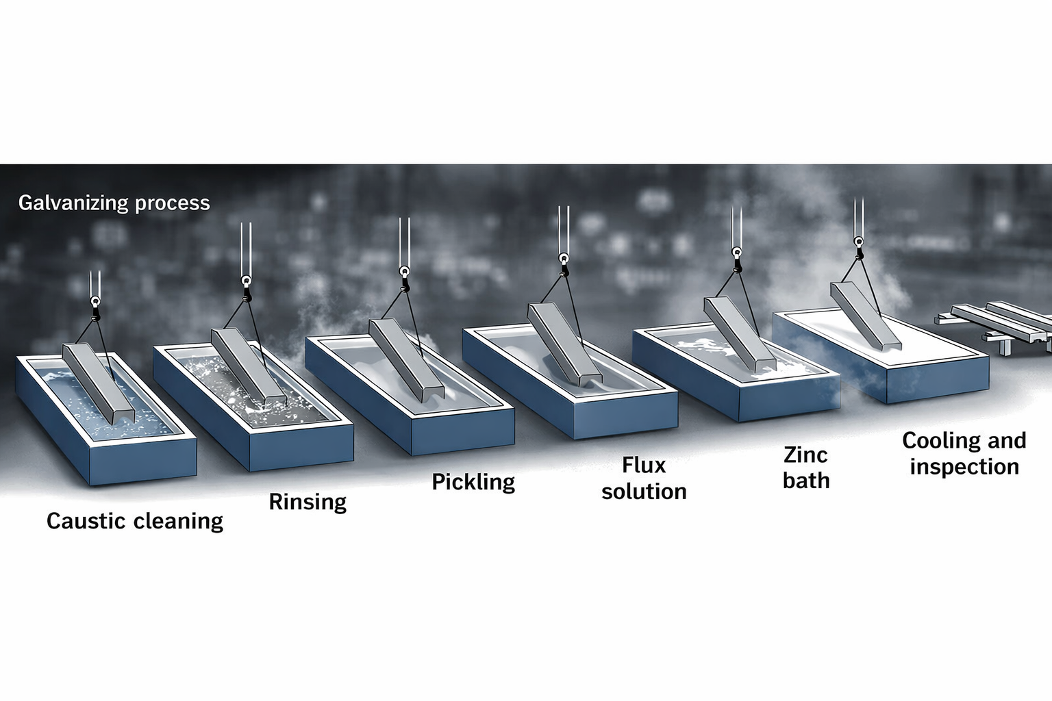 Hot-dip galvanizing process showing steel being dipped in molten zinc bath