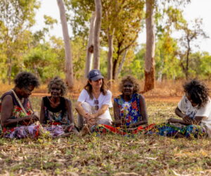 Margaret Djarrbalabal Malibirr, artist, Mary Dhapalany, artist Julie Shaw, designer Evonne Munuyngu, artist, Lisa Lalaywarra Gurrulpa, artist at Bula’bula Arts, in Ramingining, Northern Territory. Photo: Renae Saxby