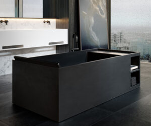 Soka Grand Bath in Graphite and Double Vanity in Glacier