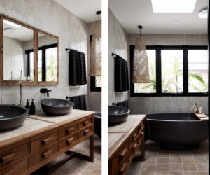 Reflection Basins and Bath (custom rendered plinth onsite by Impressionist) in Charcoal in the main bathroom at Sikata House