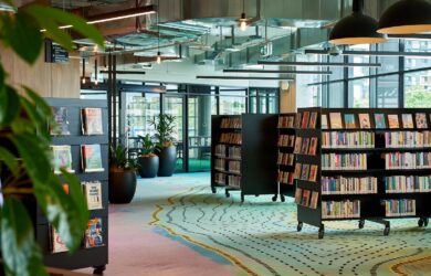 narrm ngarrgu Library and Family Services with artistic carpet by Maree Clarke.