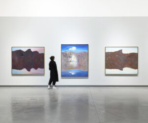 L-R: Arthur Boyd, Shoalhaven River and Black Swan, 1984, oil on canvas, 187.3 x 156.7 cm; Shoalhaven River Bank with Star and Black Swan, 1984, oil on canvas, 152 x 182.5 cm; Midday - Pulpit Rock, 1984, oil on canvas, 156.9 x 187.4 cm. Commissioned in 1984. Gift of Lewis Construction. Art Collection, Arts Centre Melbourne.  Installation view, Wilder Times: Arthur Boyd and the mid-1980s landscape, Bundanon, 2024. Photograph: Zan Wimberley