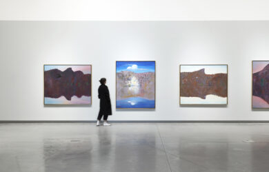 L-R: Arthur Boyd, Shoalhaven River and Black Swan, 1984, oil on canvas, 187.3 x 156.7 cm; Shoalhaven River Bank with Star and Black Swan, 1984, oil on canvas, 152 x 182.5 cm; Midday - Pulpit Rock, 1984, oil on canvas, 156.9 x 187.4 cm. Commissioned in 1984. Gift of Lewis Construction. Art Collection, Arts Centre Melbourne.  Installation view, Wilder Times: Arthur Boyd and the mid-1980s landscape, Bundanon, 2024. Photograph: Zan Wimberley