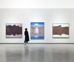 L-R: Arthur Boyd, Shoalhaven River and Black Swan, 1984, oil on canvas, 187.3 x 156.7 cm; Shoalhaven River Bank with Star and Black Swan, 1984, oil on canvas, 152 x 182.5 cm; Midday - Pulpit Rock, 1984, oil on canvas, 156.9 x 187.4 cm. Commissioned in 1984. Gift of Lewis Construction. Art Collection, Arts Centre Melbourne.  Installation view, Wilder Times: Arthur Boyd and the mid-1980s landscape, Bundanon, 2024. Photograph: Zan Wimberley