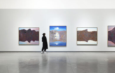 L-R: Arthur Boyd, Shoalhaven River and Black Swan, 1984, oil on canvas, 187.3 x 156.7 cm; Shoalhaven River Bank with Star and Black Swan, 1984, oil on canvas, 152 x 182.5 cm; Midday - Pulpit Rock, 1984, oil on canvas, 156.9 x 187.4 cm. Commissioned in 1984. Gift of Lewis Construction. Art Collection, Arts Centre Melbourne.  Installation view, Wilder Times: Arthur Boyd and the mid-1980s landscape, Bundanon, 2024. Photograph: Zan Wimberley