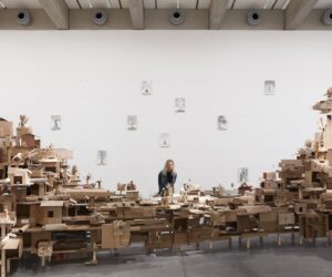 Isabel & Alfredo Aquilizan, REFLECTIONS / HABITATIONS, 2025, Cardboard, glue, laminated pine timber, steel cable, paper, aquarelle watercolour pens. Thinking together: Exchanges with the natural world (installation view), Bundanon, 2025. Photo: Zan Wimberley.