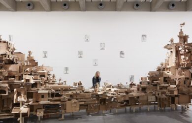 Isabel & Alfredo Aquilizan, REFLECTIONS / HABITATIONS, 2025, Cardboard, glue, laminated pine timber, steel cable, paper, aquarelle watercolour pens. Thinking together: Exchanges with the natural world (installation view), Bundanon, 2025. Photo: Zan Wimberley.
