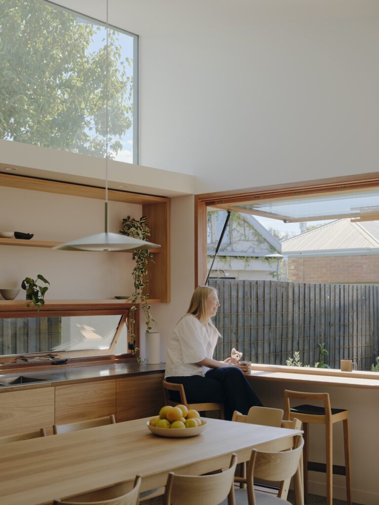 Pop-up awning window doubling as breakfast bar and social hub, photographed for green magazine issue 106: Embroidered by Tom Ross.