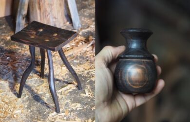 Low timber stool and small turned timber vessel by artist and chairmaker James Crowther.