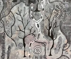 Beverly Downs’ Yankunytjatjara Wapar showing stylised trees, branching forms and organic symbols layered across a muted grey ground.