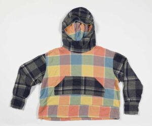 Luke Morgan, LYTM (Jumper), a contemporary hooded garment constructed from reclaimed wool blankets in a patchwork pattern.