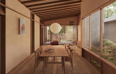 Interior view of Lomandra showing exposed hempcrete walls, timber joinery and a flexible open-plan layout, photographed for green magazine eNews.