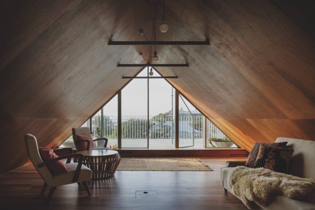 Playful circle, triangle and square windows punctuate the upper addition at Fort House, photographed for issue 108: Out Look by Clinton Weaver.