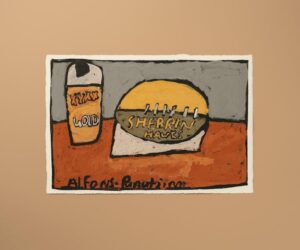Painting of a football and drink bottle with “Sherrin” branding, representing Australian Rules Football. Artist is Alfonso Puautjimi (Ngaruwanajirra Arts), Gold and Hawkes Football, 2025. Photo by Connor Patterson.