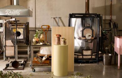 Handcrafted ceramic and glass objects by Robert Gordon and HotHaus Glass Studio displayed inside a workshop during the Hand of the Maker exhibition at Melbourne Design Week 2026. Photo by Martina Gemmola.