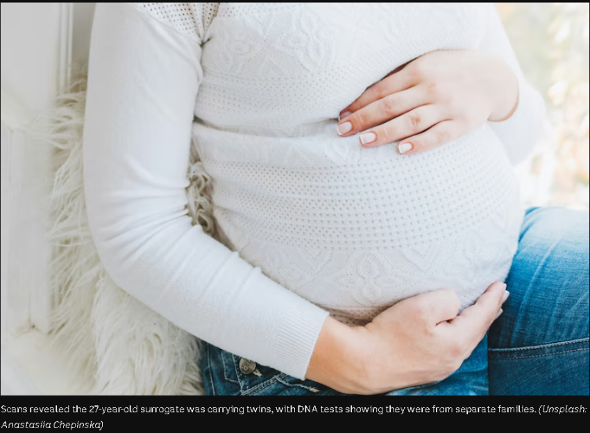 Mother gives birth to biologically unrelated twins as surrogacy coincides with natural pregnancy