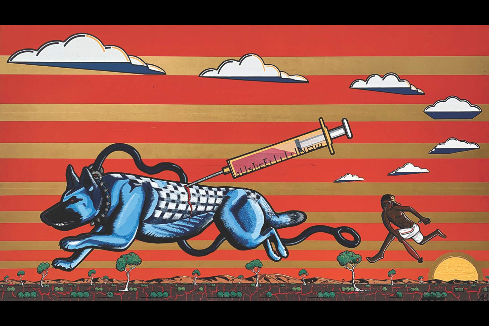 A blue dog with a chequered waistcoat, attached to a large syringe, runs across a striped red and gold landscape while a person in white shorts runs behind. Clouds and trees fill the background.